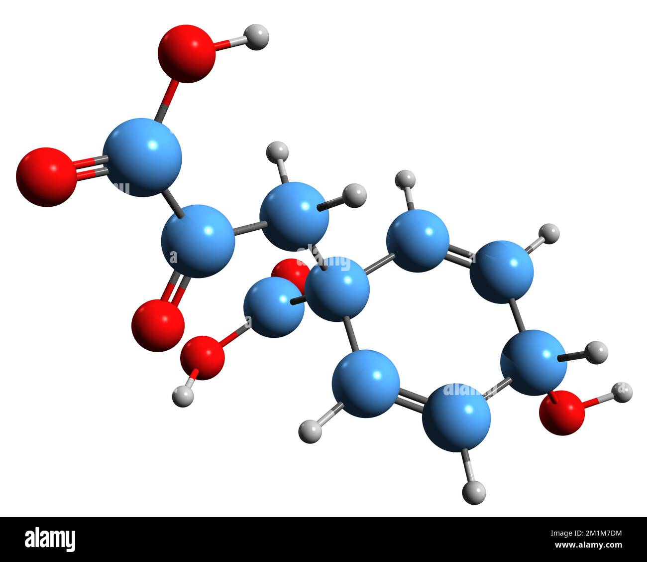 3D immagine della formula scheletrica dell'acido Prefenico - struttura chimica molecolare della forma anionica del prefenato isolato su sfondo bianco Foto Stock