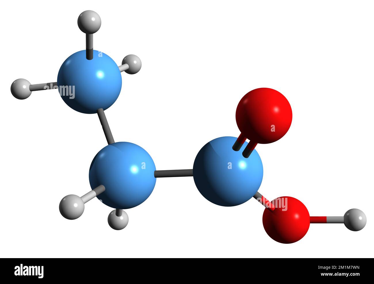 3D immagine della formula scheletrica dell'acido propionico - struttura chimica molecolare del Carboxyethane isolato su sfondo bianco Foto Stock
