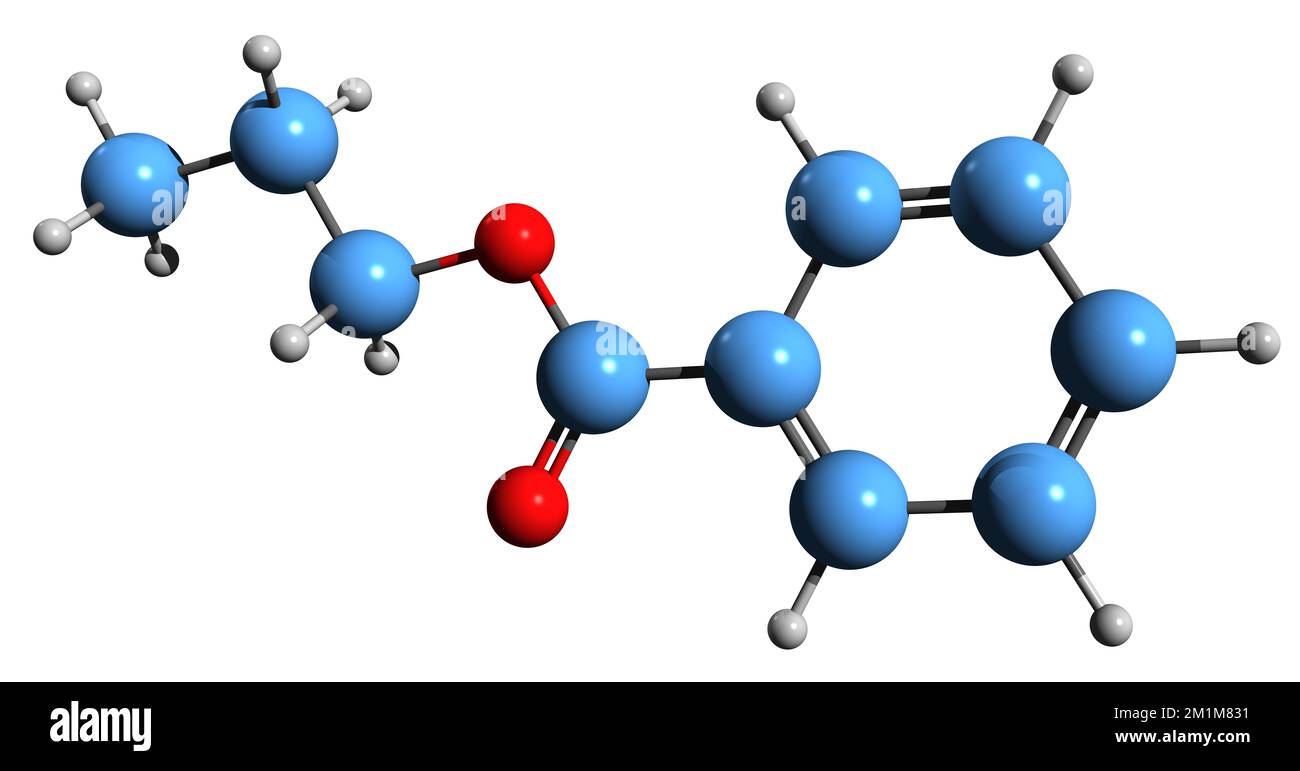 3D immagine di propil benzoato formula scheletrica - struttura chimica molecolare dell'acido benzoico propil estere isolato su sfondo bianco Foto Stock