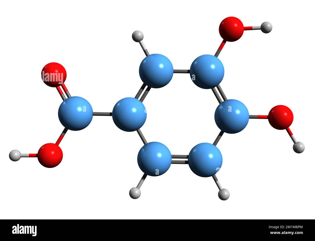 3D immagine della formula scheletrica dell'acido protocatechuico - struttura chimica molecolare dell'acido diidrossibenzoico isolato su sfondo bianco Foto Stock
