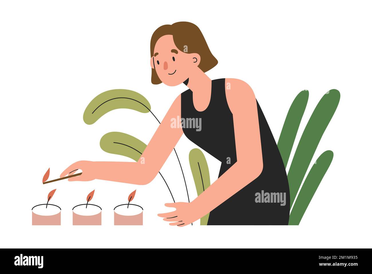 Donna che illumina candele usando fiammiferi, bruciando candele profumate in vasi, aromatherapy domestico, interiore accogliente, illustrazione vettoriale piatta Illustrazione Vettoriale