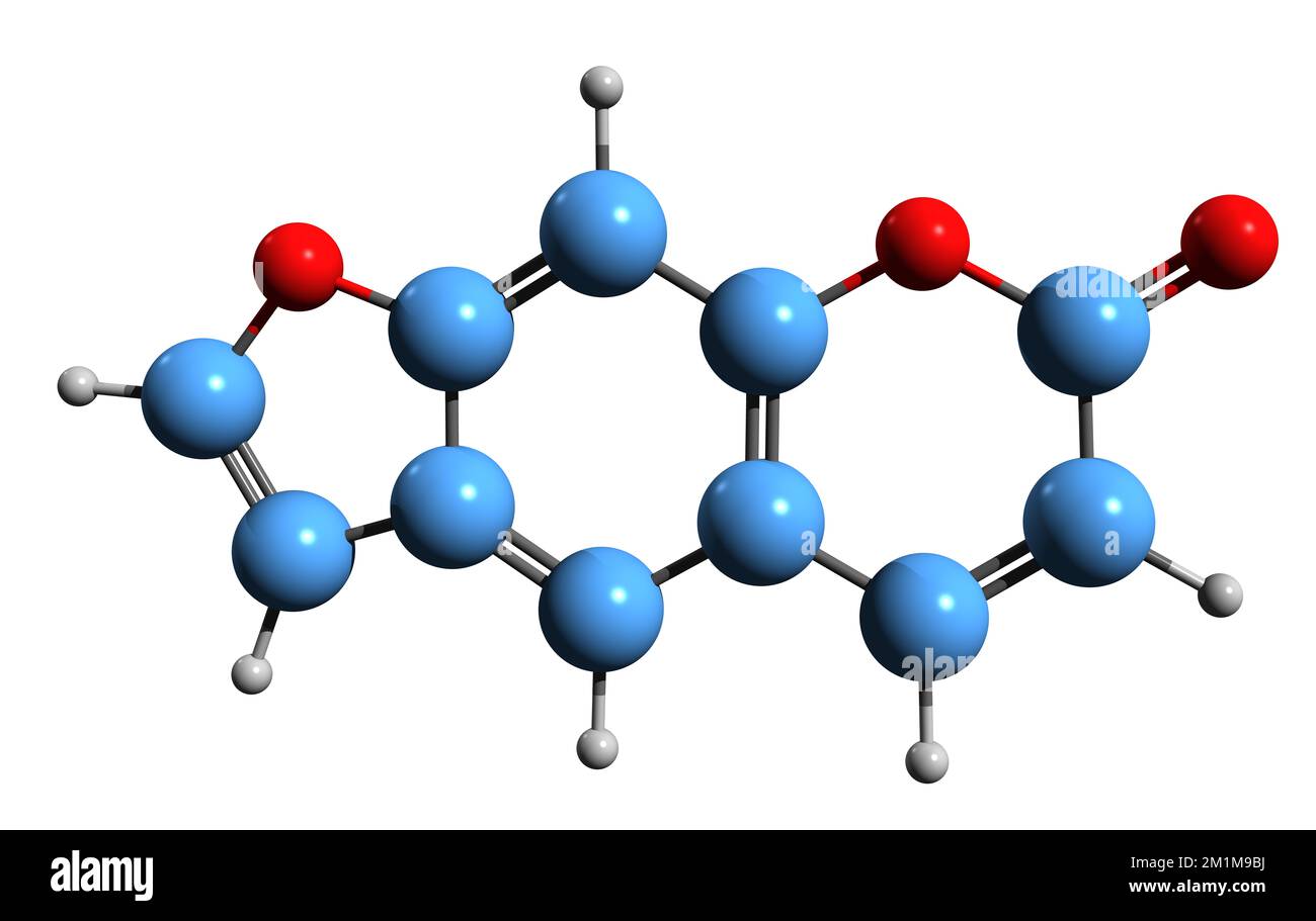 3D immagine della formula scheletrica dello psoralene - struttura chimica molecolare della furanocumarina isolata su sfondo bianco Foto Stock