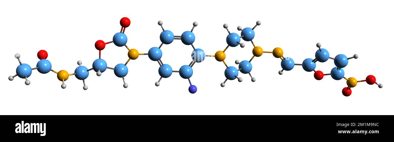 3D immagine della formula scheletrica di Ranbazolid - struttura chimica molecolare dell'antibatterico di ossazolidinone isolato su sfondo bianco Foto Stock