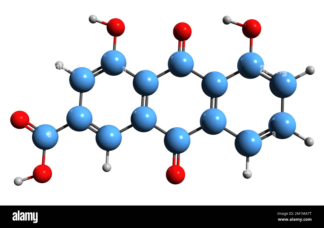 3D immagine della formula scheletrica della Reina - struttura chimica molecolare del rabarbaro antrachinone isolato su sfondo bianco Foto Stock
