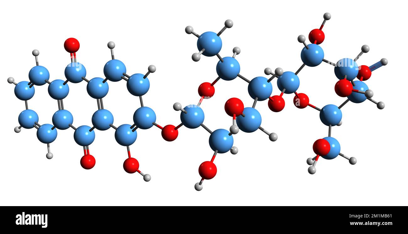3D immagine della formula scheletrica dell'acido rubieritrico - struttura chimica molecolare della Rubia tinctorum fitochimica isolata su sfondo bianco Foto Stock