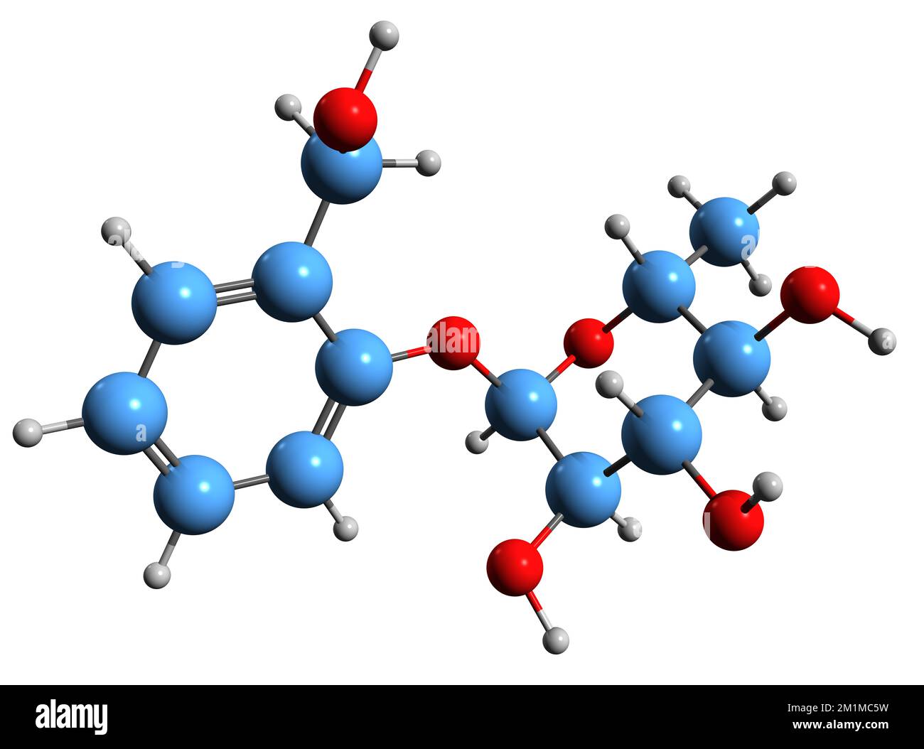 3D immagine della formula scheletrica della salicina - struttura chimica molecolare del beta-glucoside alcolico isolato su sfondo bianco Foto Stock
