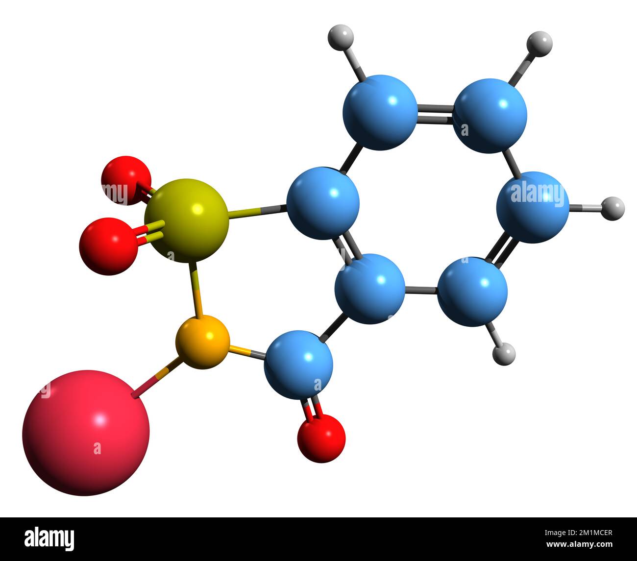 3D immagine della saccarina sodica formula scheletrica - struttura chimica molecolare del dolcificante artificiale isolato su sfondo bianco Foto Stock
