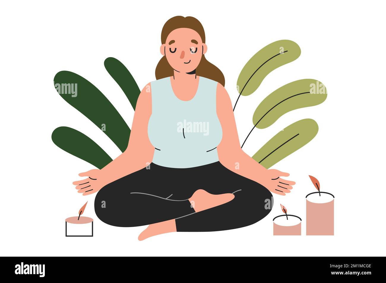 Più la donna taglia si siede nella posa del loto, pratica l'esercitazione di yoga, gode la meditazione. Candele che bruciano, aromaterapia. illustrazione vettoriale Illustrazione Vettoriale