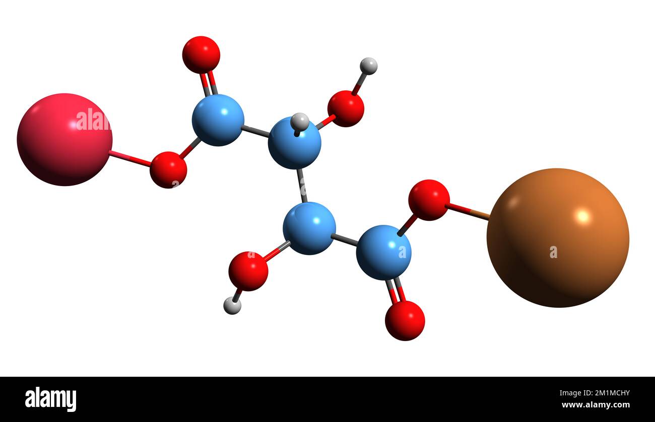3D immagine del tartrato di sodio potassio formula scheletrica - struttura chimica molecolare del sale di Seignette isolato su sfondo bianco Foto Stock