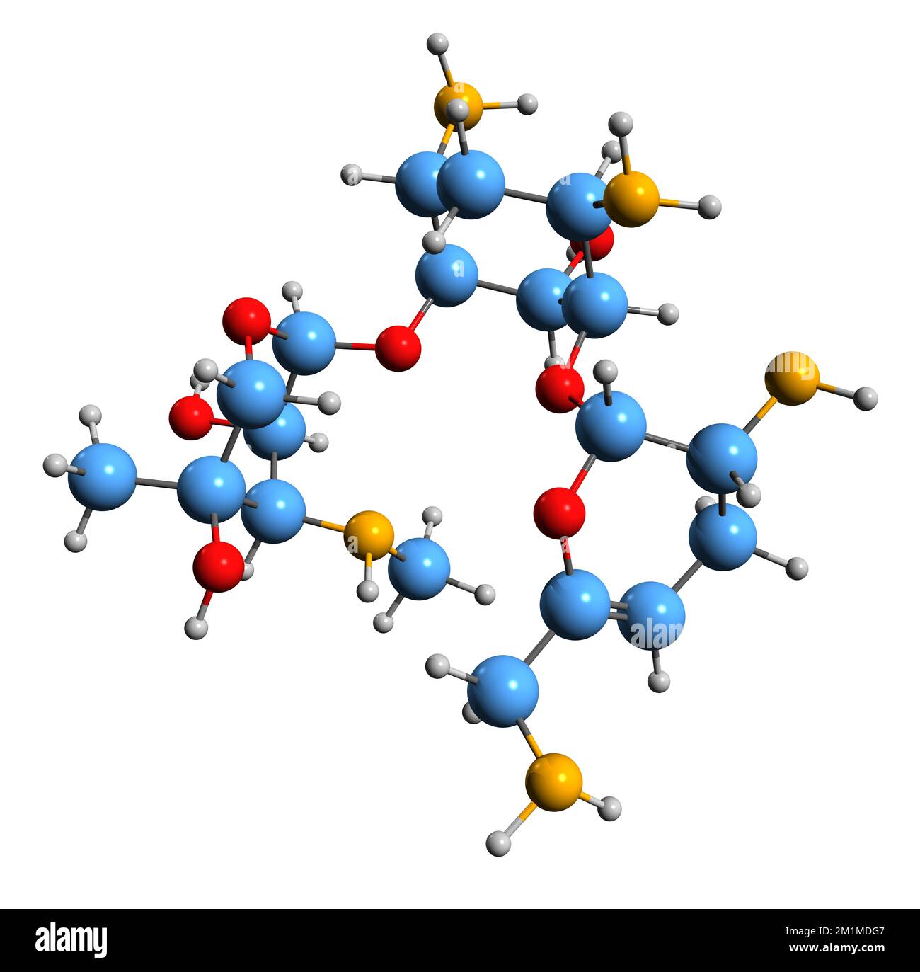 3D immagine di Sisomicina formula scheletrica - struttura chimica molecolare dell'antibiotico aminoglicosidico 6640 isolato su sfondo bianco Foto Stock