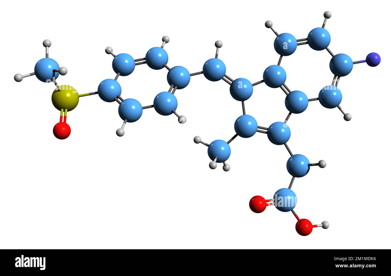 3D immagine della formula scheletrica sulindacica - struttura chimica molecolare del farmaco antinfiammatorio non steroideo isolato su sfondo bianco Foto Stock