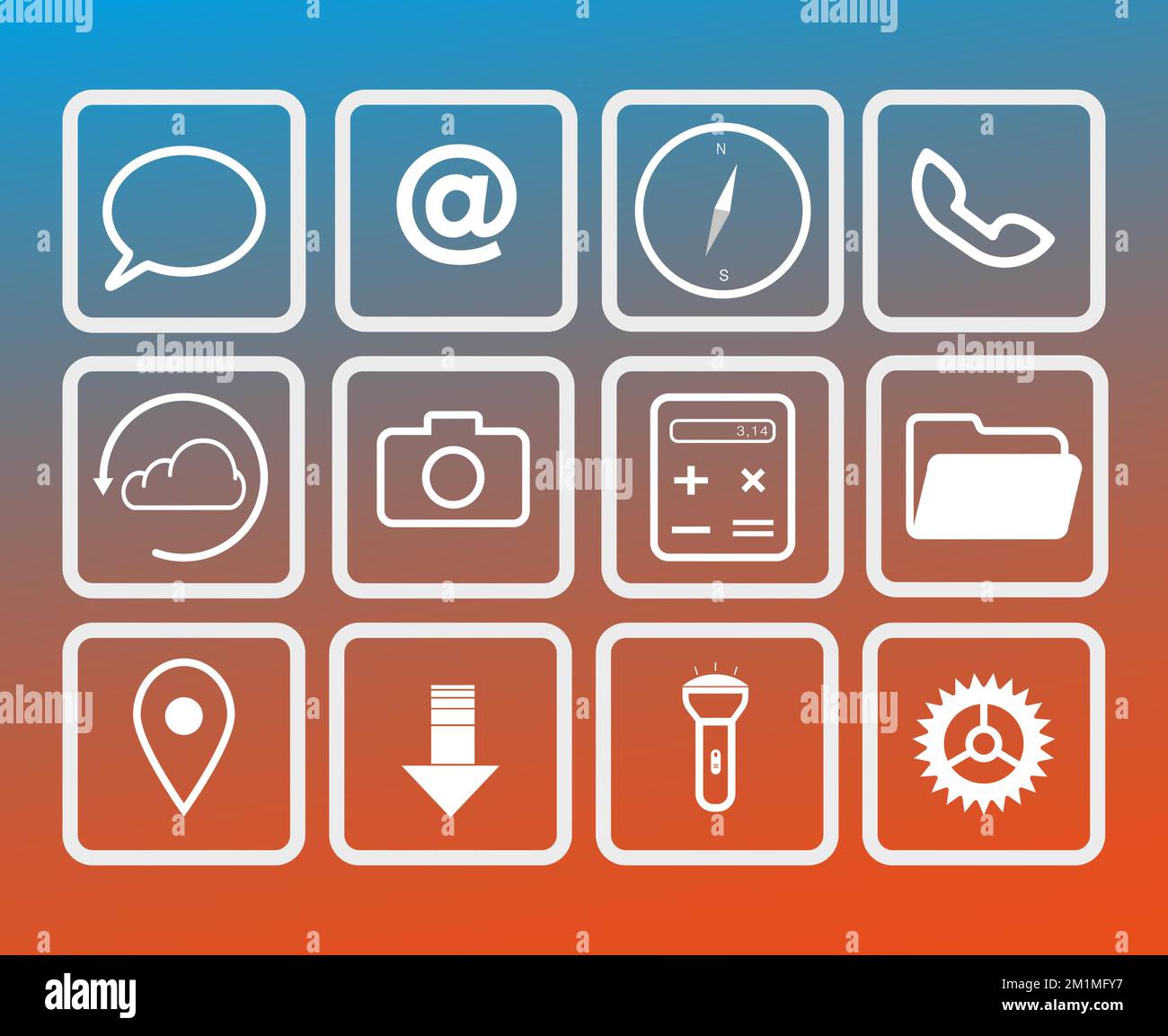 Set di icone vettoriali telefono, smartphone, e-mail, messaggio, posizione, Calcolatrice, impostazioni, bussola, fotocamera icone a contorno piatto in figura vettoriale bianca Illustrazione Vettoriale