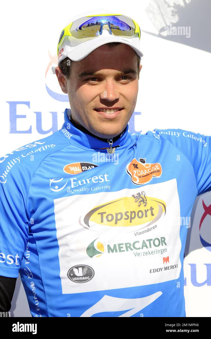 20120327 - OUDENAARDE, BELGIO: Steven Van Vooren belga di Topsport Vlaanderen - Mercatore nella foto dopo la prima tappa della gara ciclistica Driedaagse De Panne - Koksijde, a 201,6 km da Middelkerke a Oudenaarde, martedì 27 marzo 2012. FOTO DI BELGA DIRK WAEM Foto Stock