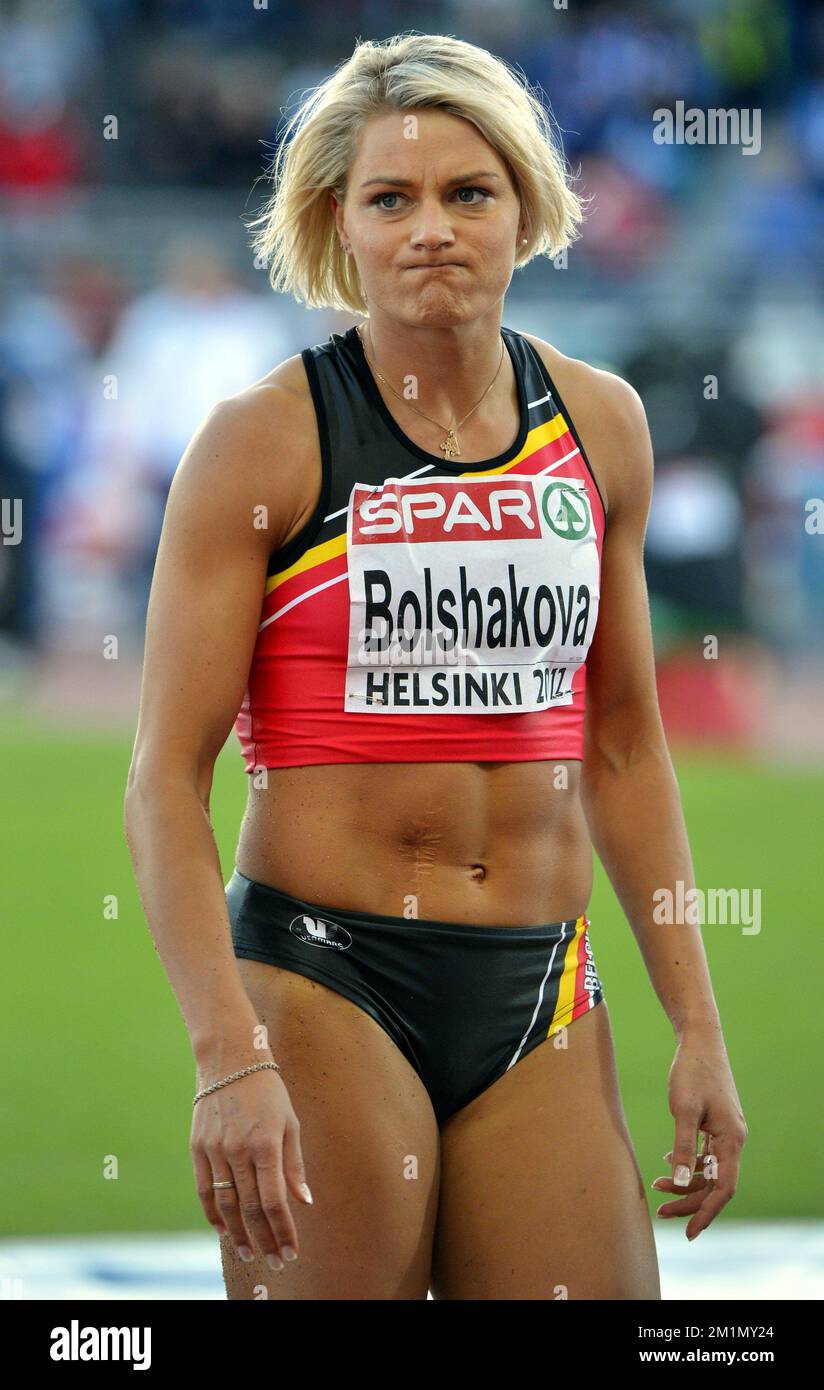 20120628 - HELSINKI, BELGIO: L'atleta belga Svetlana Bolshakova reagisce durante la finale femminile del concorso di salto lungo ai Campionati europei di atletica di Helsinki, Finlandia, giovedì 28 giugno 2012. FOTO DI BELGA ERIC LALMAND Foto Stock