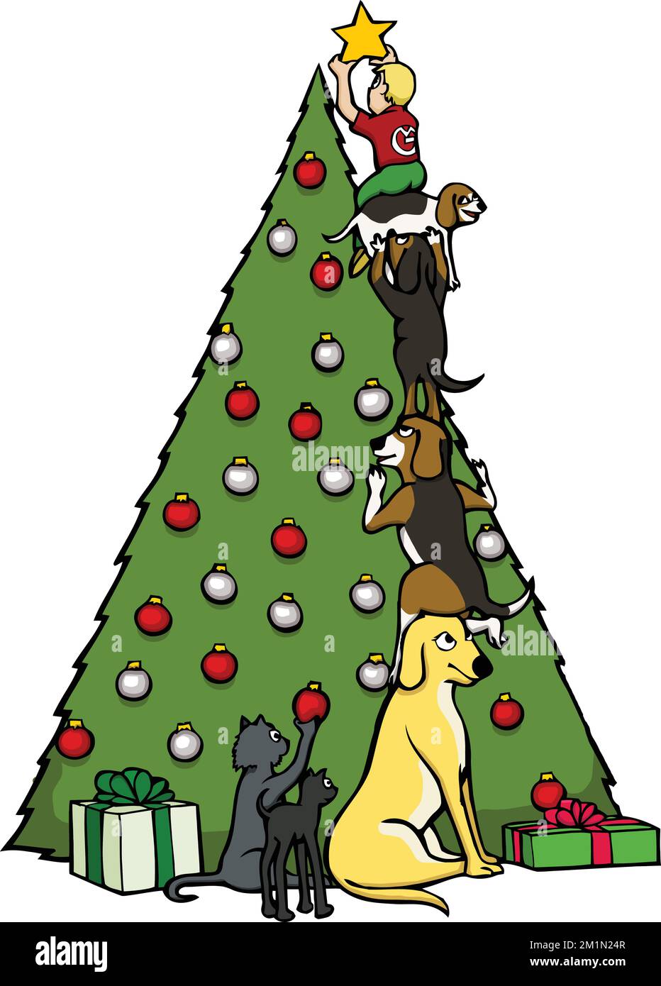 Ragazzo e cani che pongono una stella sull'albero di Natale Illustrazione Vettoriale