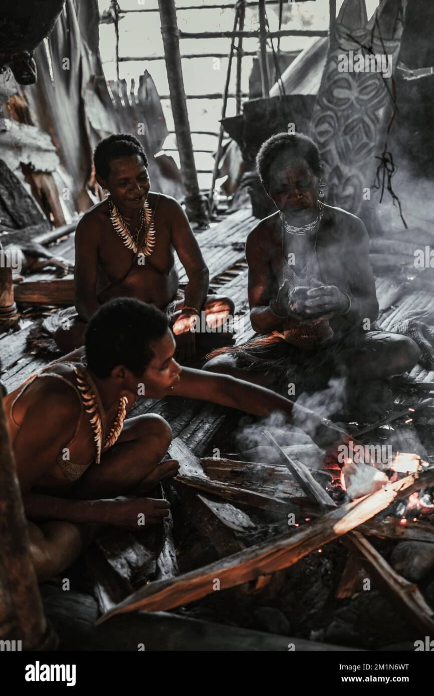 La tribù dei Korowai, spesso chiamata la tribù degli Asmat degli alberi, perché vivono in alberi alti. Preso @Gauli villaggio, Korowai distretto, Papua, Indonesi Foto Stock