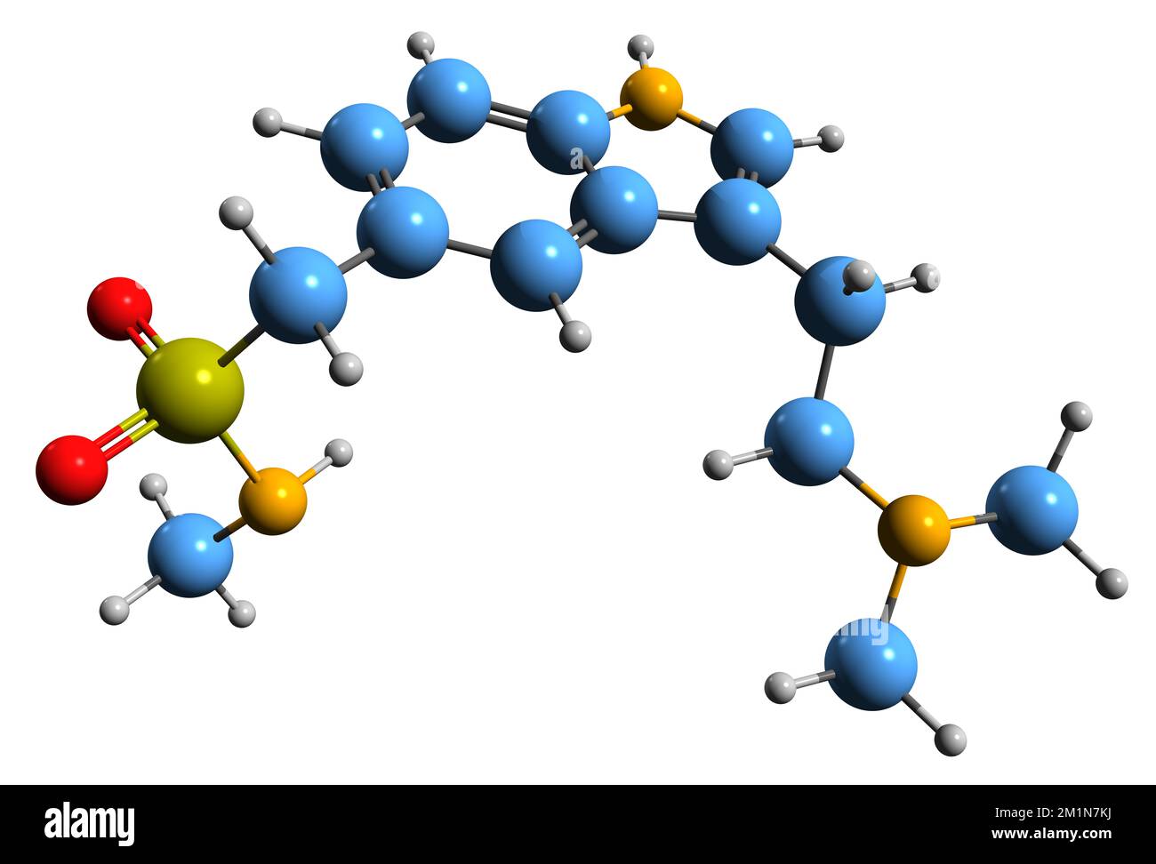 3D immagine di Sumatriptan formula scheletrica - struttura chimica molecolare del farmaco mal di testa isolato su sfondo bianco Foto Stock