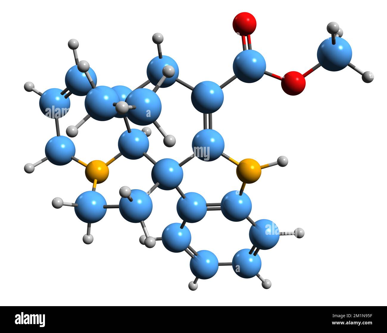 3D immagine di Tabersonine formula scheletrica - struttura chimica molecolare di terpene indolo alcaloide isolato su sfondo bianco Foto Stock