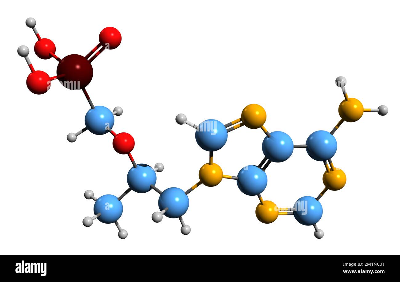 3D immagine di tenofovir formula scheletrica - struttura chimica molecolare dell'agente antivirale isolato su sfondo bianco Foto Stock