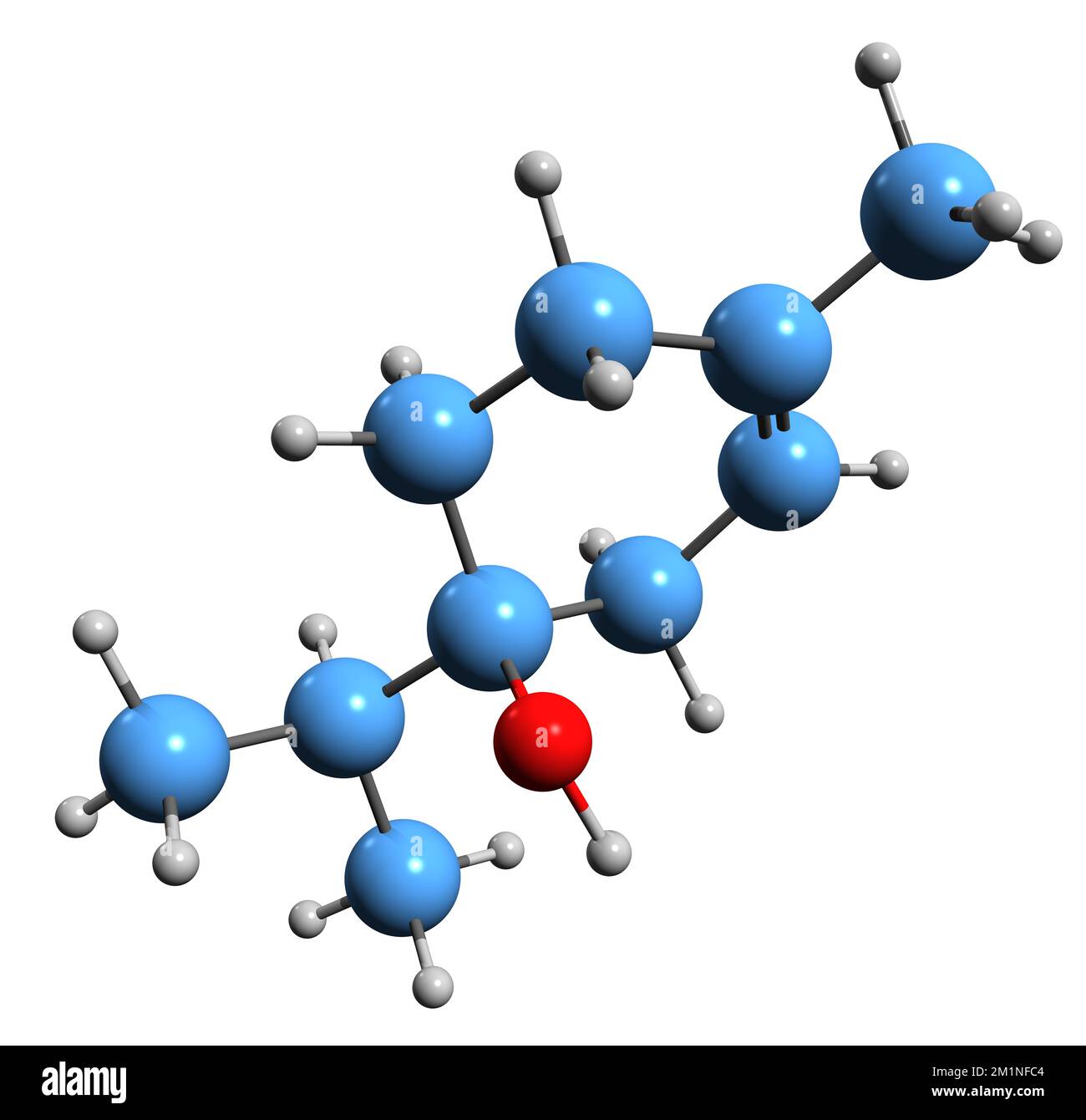 3D immagine della formula scheletrica del terpineolo - struttura chimica molecolare del monoterpenoide isomerico isolato su sfondo bianco Foto Stock