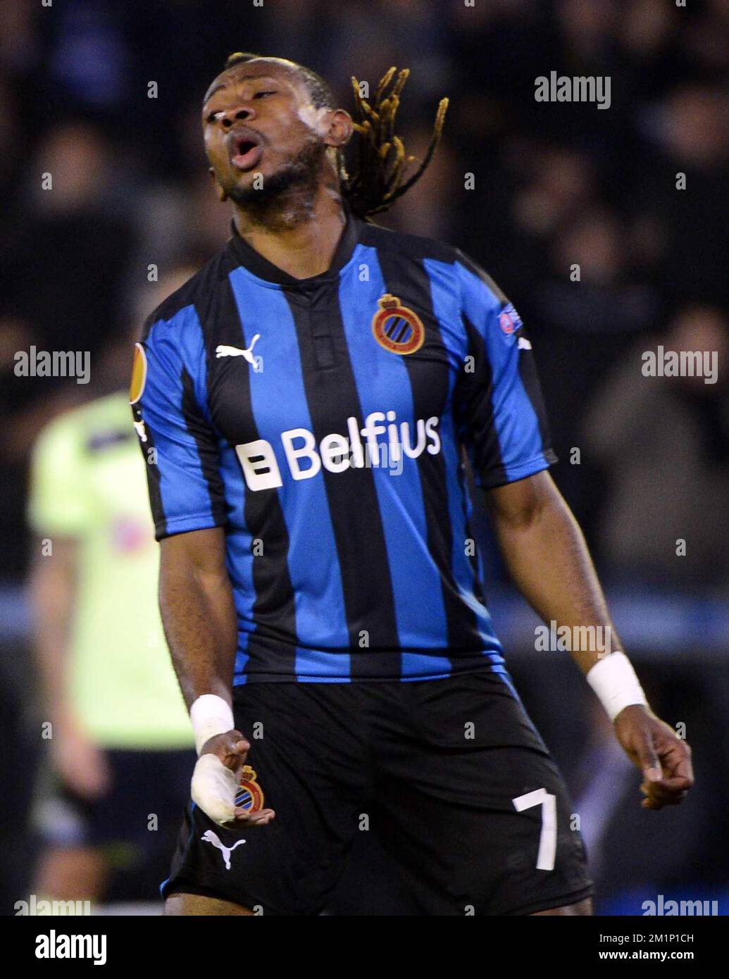 20121108 - BRUGGE, BELGIO: Il Club Mohamed 'Meme' Tchite reagisce durante la partita di calcio tra il Club Belga Brugge KV e l'inglese Newcastle United F.C. nel Gruppo D del torneo Europa League, giovedì 08 novembre 2012 a Brugge. FOTO DI BELGA ERIC LALMAND Foto Stock
