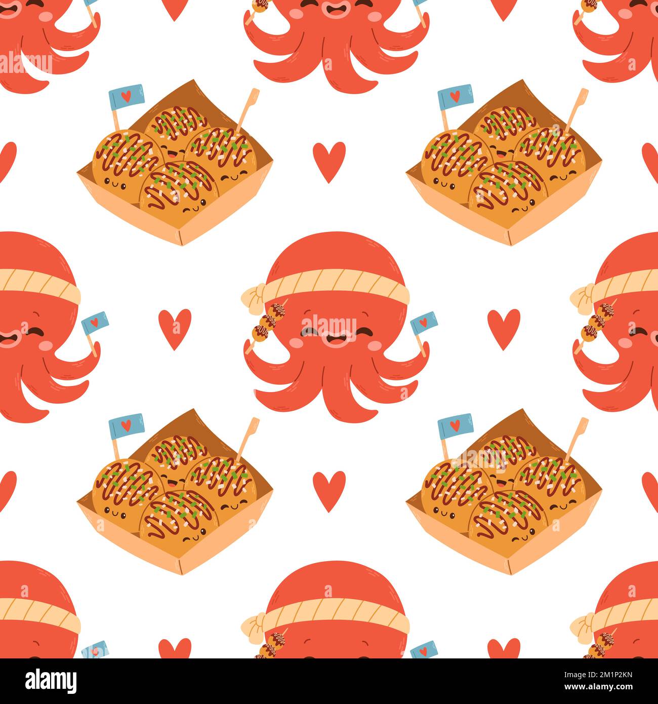 Takoyaki senza cuciture modello vettore cibo asiatico. Takoyaki carino su sfondo bianco. Sfondo Illustrazione Vettoriale