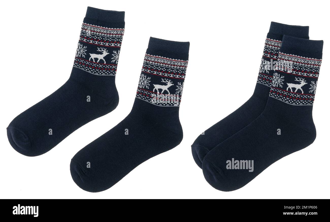 Calze blu nordiche con maglia norvegese isolate su fondo bianco Foto Stock