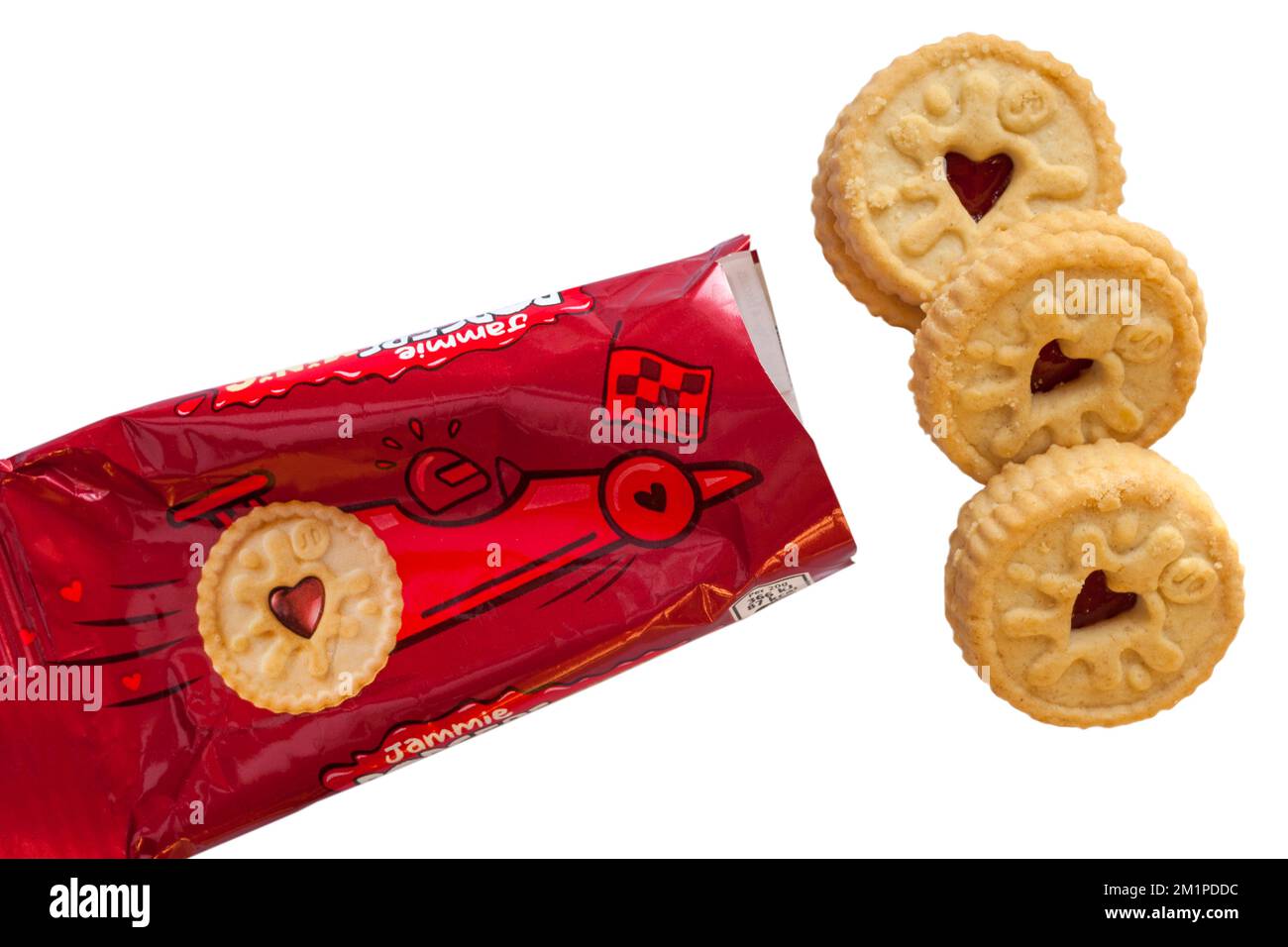 Jammie Dodgers minis snack al sapore di lampone che mostra il contenuto impostato su sfondo bianco - biscotto biscotti cookie cookie Foto Stock