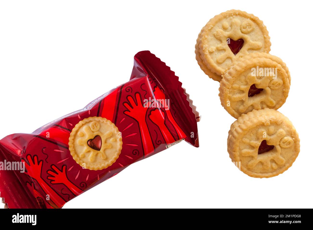 Jammie Dodgers minis snack al sapore di lampone che mostra il contenuto impostato su sfondo bianco - biscotto biscotti cookie cookie Foto Stock