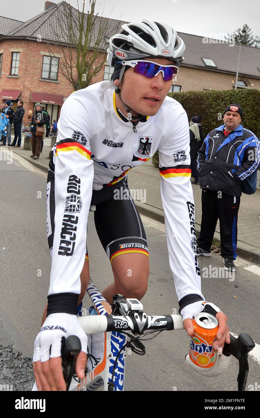 Il tedesco Rick Zabel, nella foto, dopo la 69th° edizione della gara ciclistica di un giorno del Tour delle Fiandre per il U23, si è portato a 160,6 km da Oudenaarde a Oudenaarde, sabato 06 aprile 2013. FOTO DI BELGA DAVID STOCKMAN Foto Stock