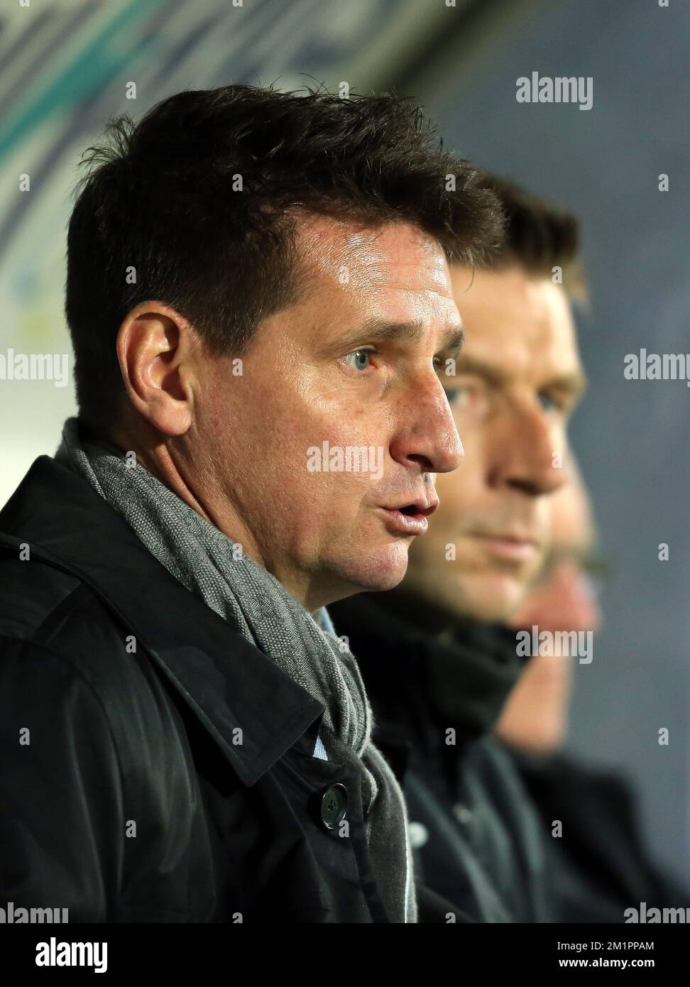 Il capo allenatore di Waasland-Beveren Glen De Boeck reagisce durante la partita della Jupiler Pro League di Play-off 2 gruppo B, tra Waasland-Beveren e KV Mechelen, a Beveren-WAAS, sabato 06 aprile 2013, il giorno 2 del Play-off 2B del campionato di calcio belga. Foto Stock