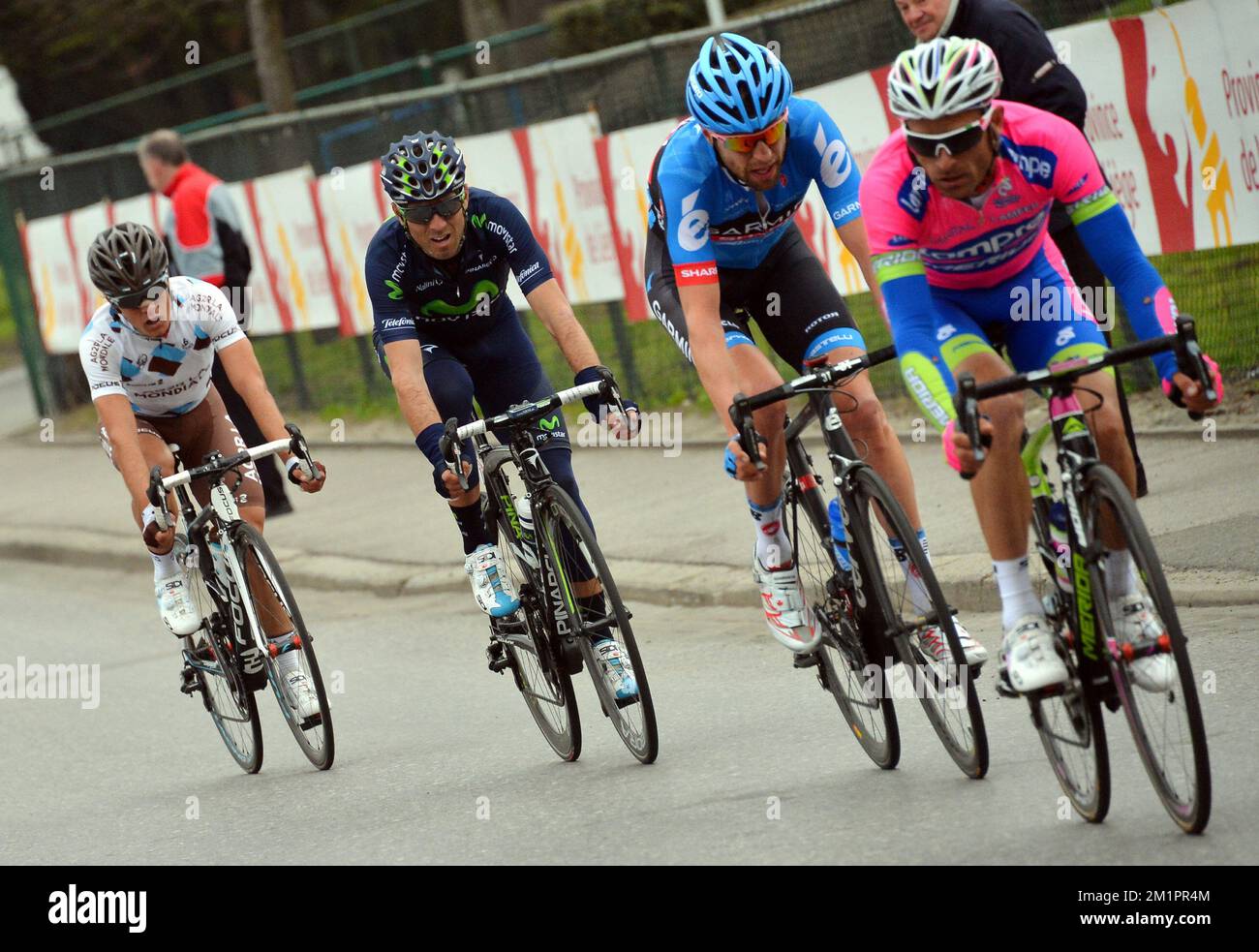 20130421 - LIEGE, BELGIO: Colombiano Carlos Alberto Betancur Gomez del AG2R la Mondiale, spagnolo Alejandro Valverde di Movistar, canadese Ryder Hesjedal del team Garmin-Sharp e italiano Michele Scarponi del team Lampre-Merida in azione durante la 99th edizione del Liegi-Bastogne-Liegi una giornata di gara ciclistica, domenica 21 aprile 2013, a Liegi. BELGA FOTO PISCINA BERNARD PAPON Foto Stock