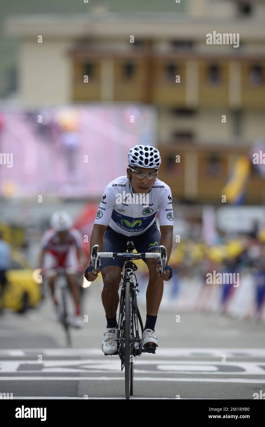 Colombiano di Nairo Quintana di Movistar nella foto al termine della 18th tappa della 100th edizione del Tour de France, a 168 km da Gap all'Alpe d'Huez, Francia, giovedì 18 luglio 2013. Foto Stock