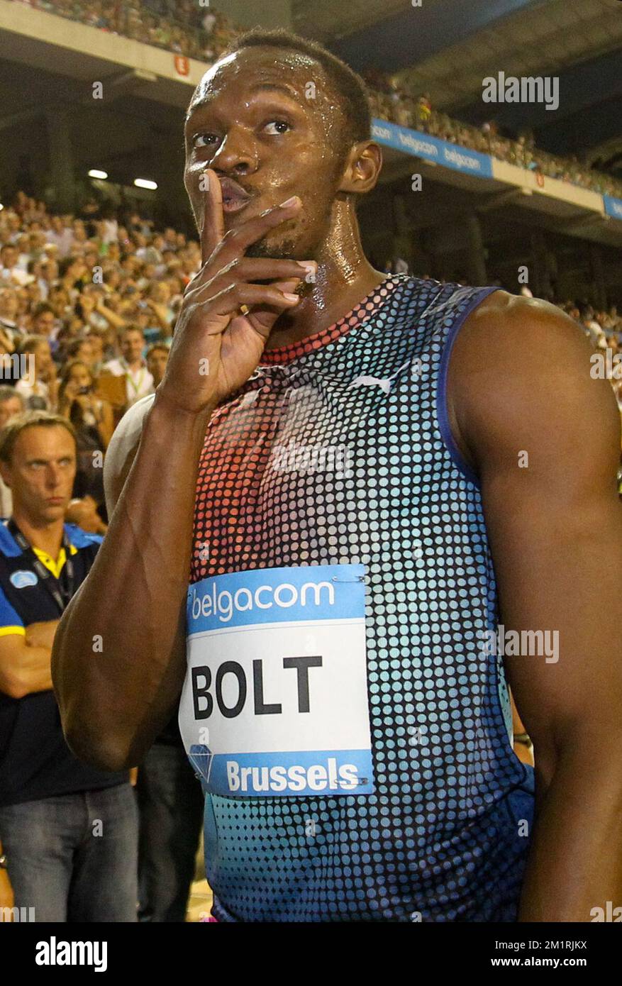 Usain Bolt celebra la Giamaica dopo aver vinto il Memorial Van Damme Athletics Meeting, ultima tappa della IAAF Diamond League, allo stadio King Baudouin (Boudewijnstadion/Stade Roi Baudouin) a Bruxelles, venerdì 06 settembre 2013. BELGA PHOTO VIRGINIE LEFOUR Foto Stock