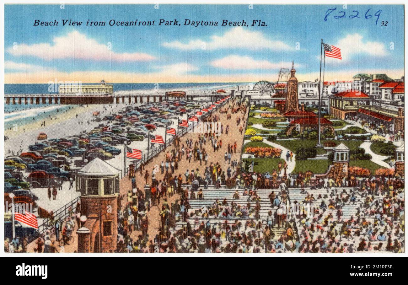 Vista della spiaggia dal parco di fronte all'oceano, Daytona Beach, Florida , Parchi, spiagge, Tichnor Brothers Collection, cartoline degli Stati Uniti Foto Stock