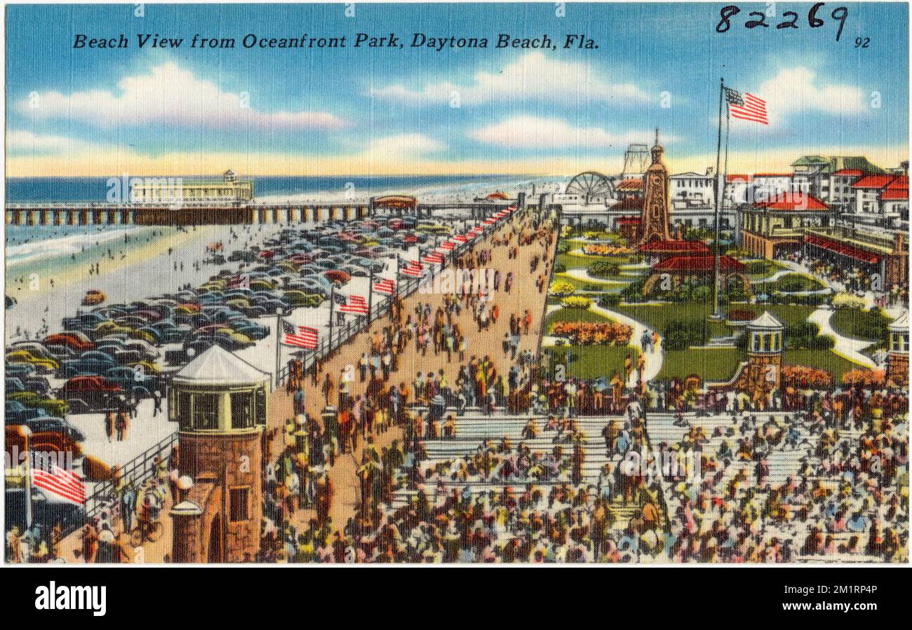 Vista della spiaggia da Oceanfront Park, Daytona Beach, Florida, Parchi, Tichnor Brothers Collection, Cartoline degli Stati Uniti Foto Stock