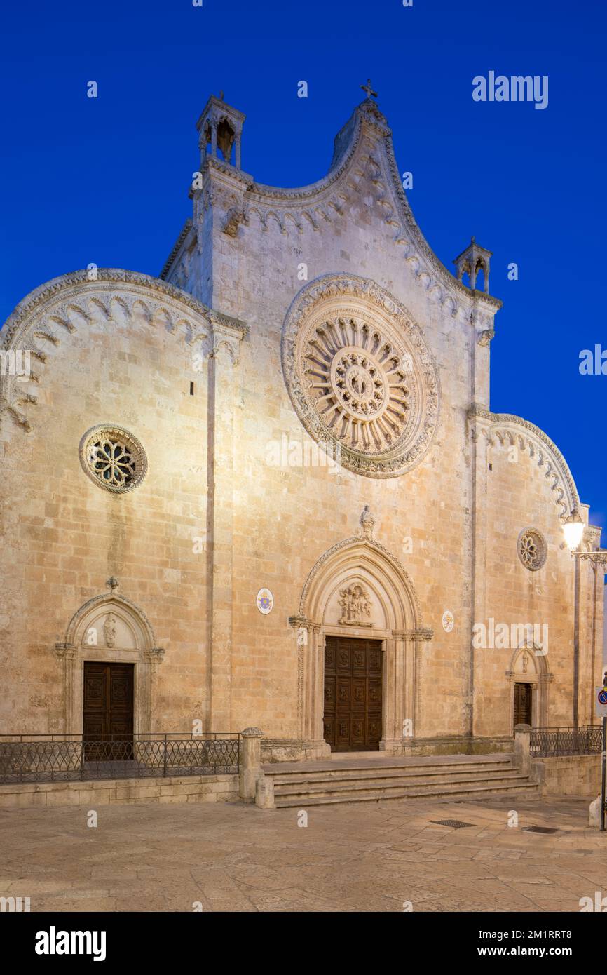 Cattedrale di Santa Maria Assunta illuminata di sera, Ostuni, provincia di Brindisi, Puglia, Italia, Europa Foto Stock