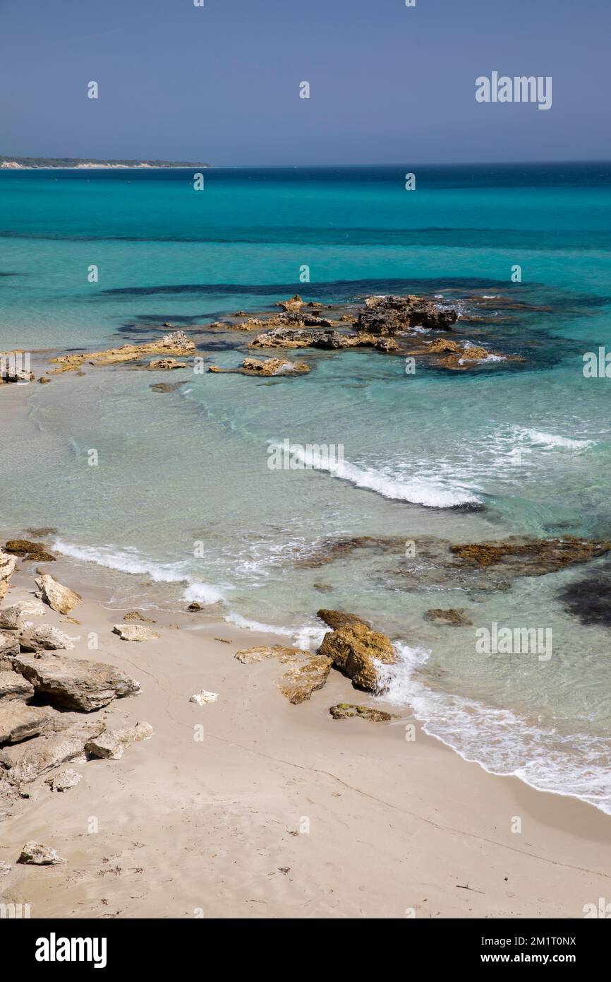 Spiaggia di Baia dei Turchi e acque turchesi del mare Adriatico in estate, vicino Otranto, provincia di Lecce, Puglia, Italia, Europa Foto Stock