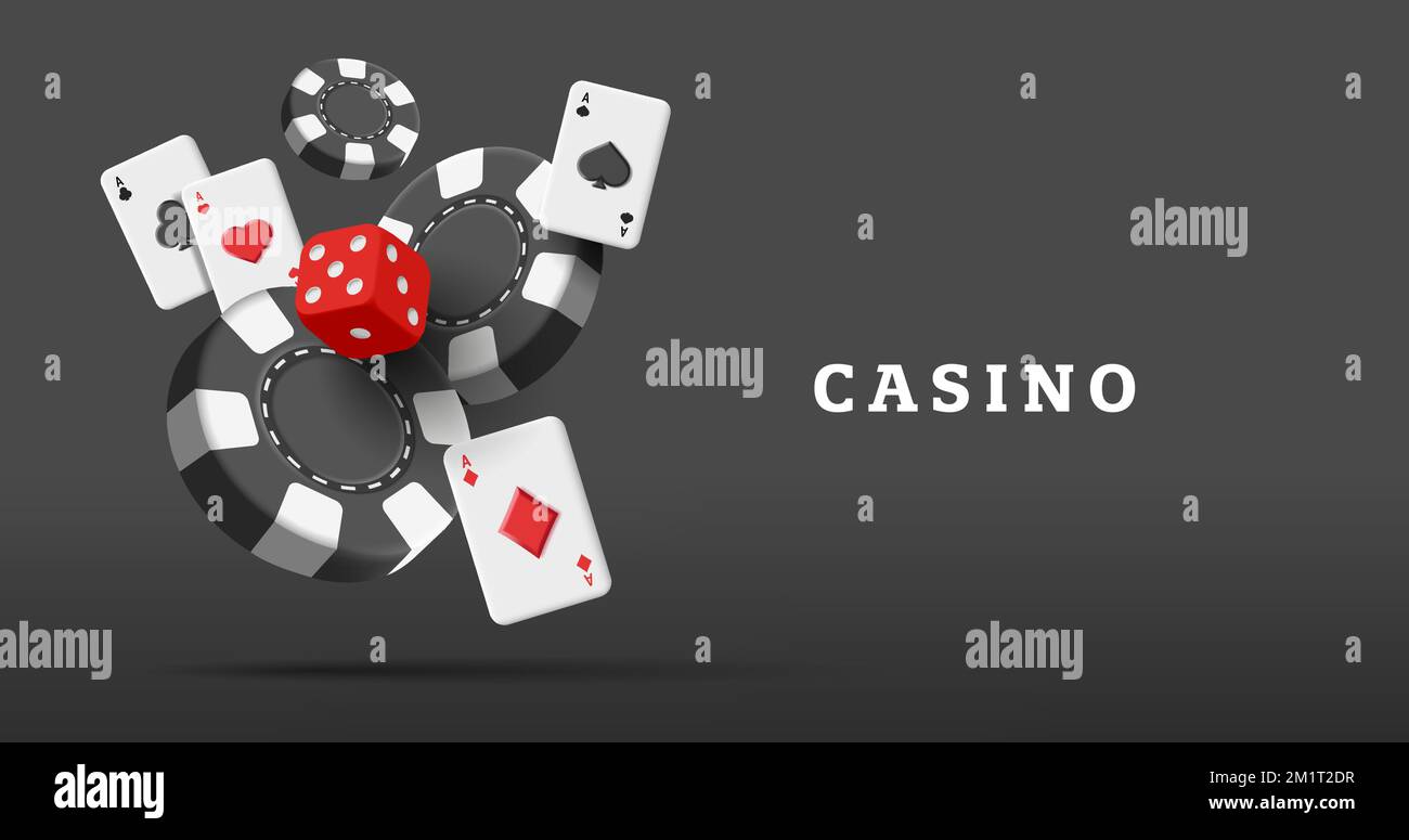 3d dadi carte da gioco nere quattro assi e fiches da poker in caduta di colore nero rosso e bianco. Poster grande vincita Casino con composizione di rendering. Illustrazione Vettoriale