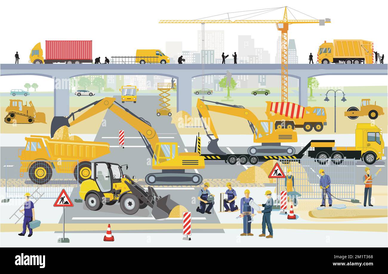 Costruzione di strade e ponti cantiere con costruttori, illustrazione Illustrazione Vettoriale