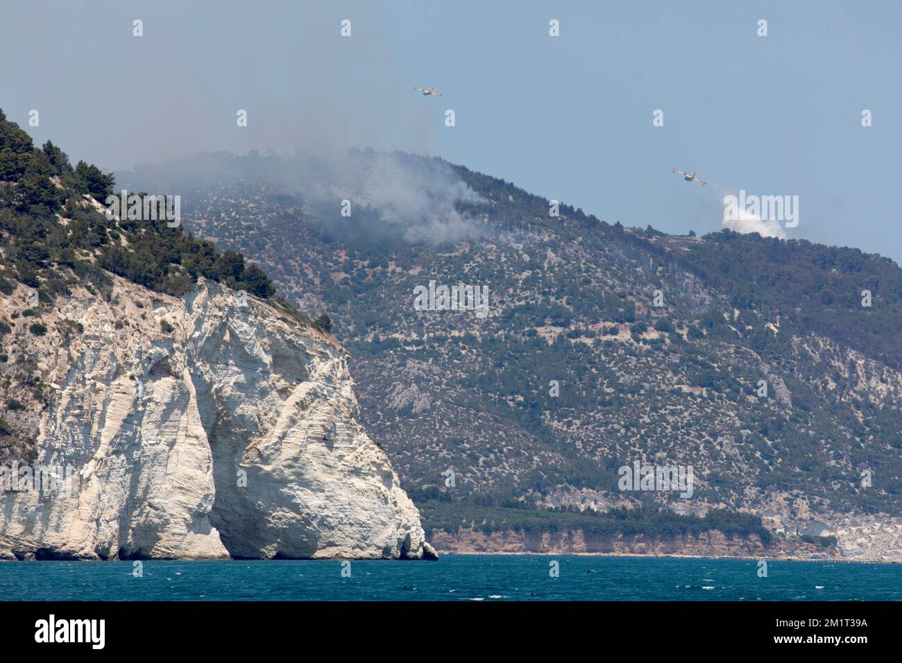 Vigili del fuoco aerei che mettono fuori fuoco nella penisola del Gargano, Mattinata, provincia di Foggia, Italia, Europa Foto Stock