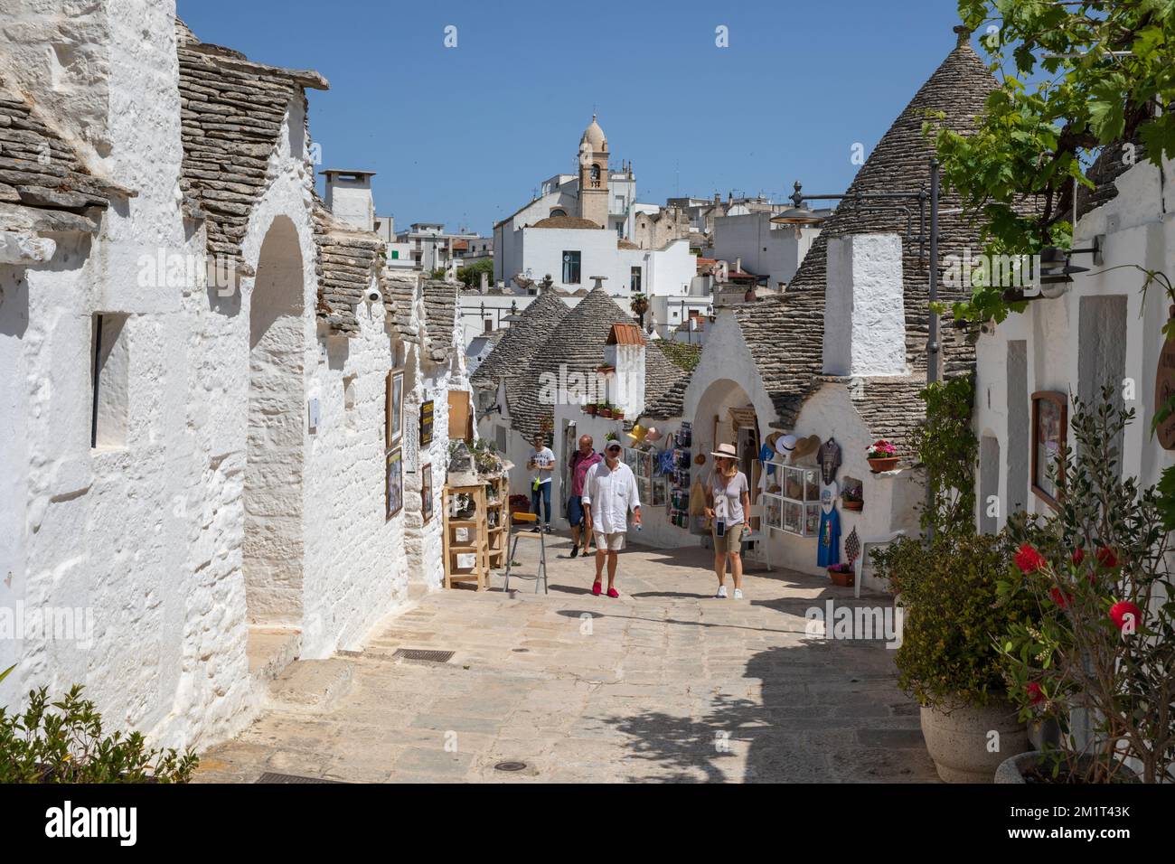 Trulli imbiancati e negozi di souvenir lungo la strada del centro storico, Alberobello, Puglia, Italia, Europa Foto Stock