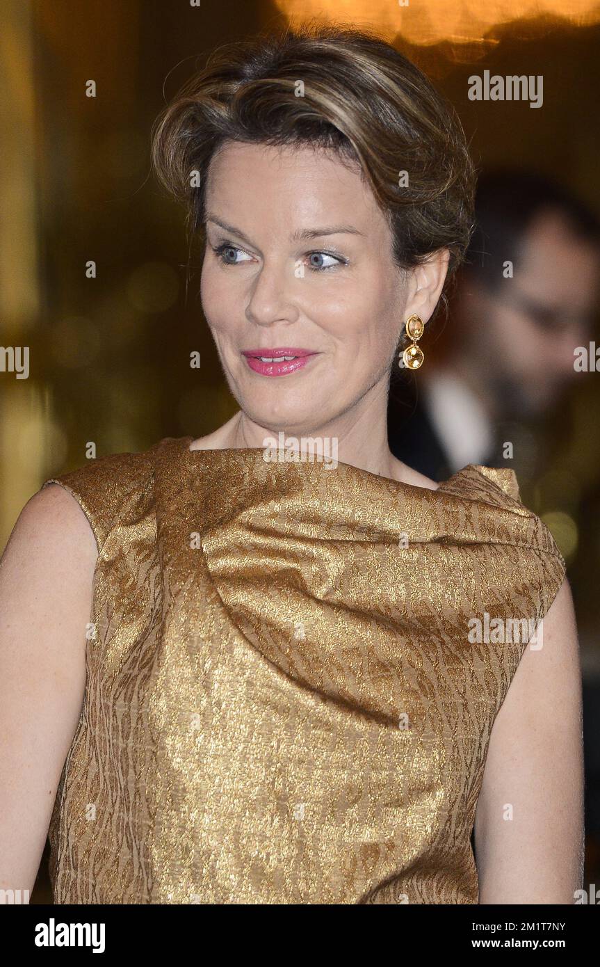 20131119 - BRUXELLES, BELGIO: La regina Mathilde del Belgio ha raffigurato durante la cerimonia dedicata a persone che hanno ricevuto nel 2018 un titolo nobiliare, martedì 19 novembre 2013, al Palazzo reale di Bruxelles. FOTO DI BELGA LAURIE DIEFFEMBACQ Foto Stock