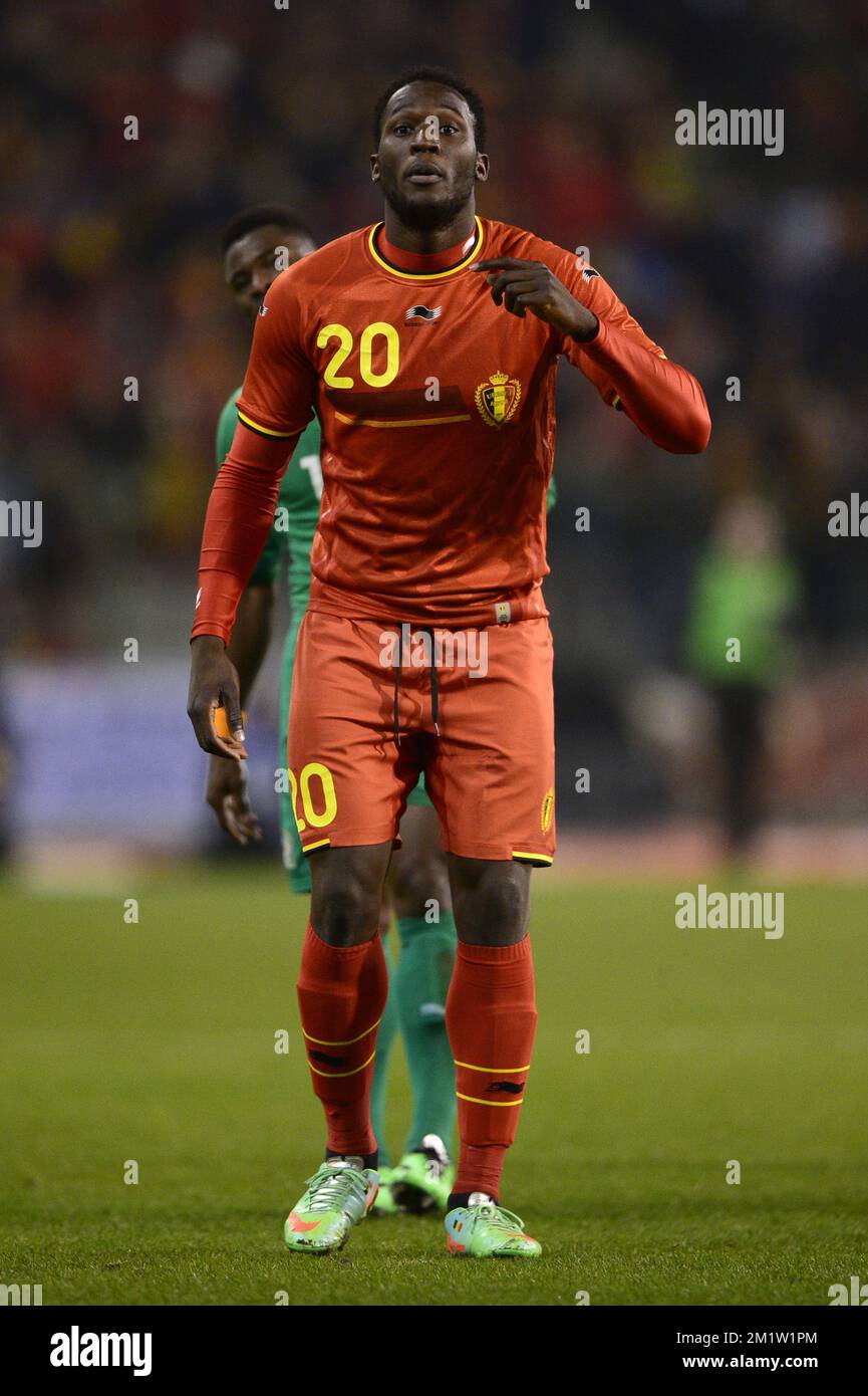 Romelu Lukaku in Belgio reagisce durante una amichevole partita di calcio tra la nazionale belga dei Diavoli rossi e della Costa d'Avorio, mercoledì 05 marzo 2014 a Bruxelles. Foto Stock