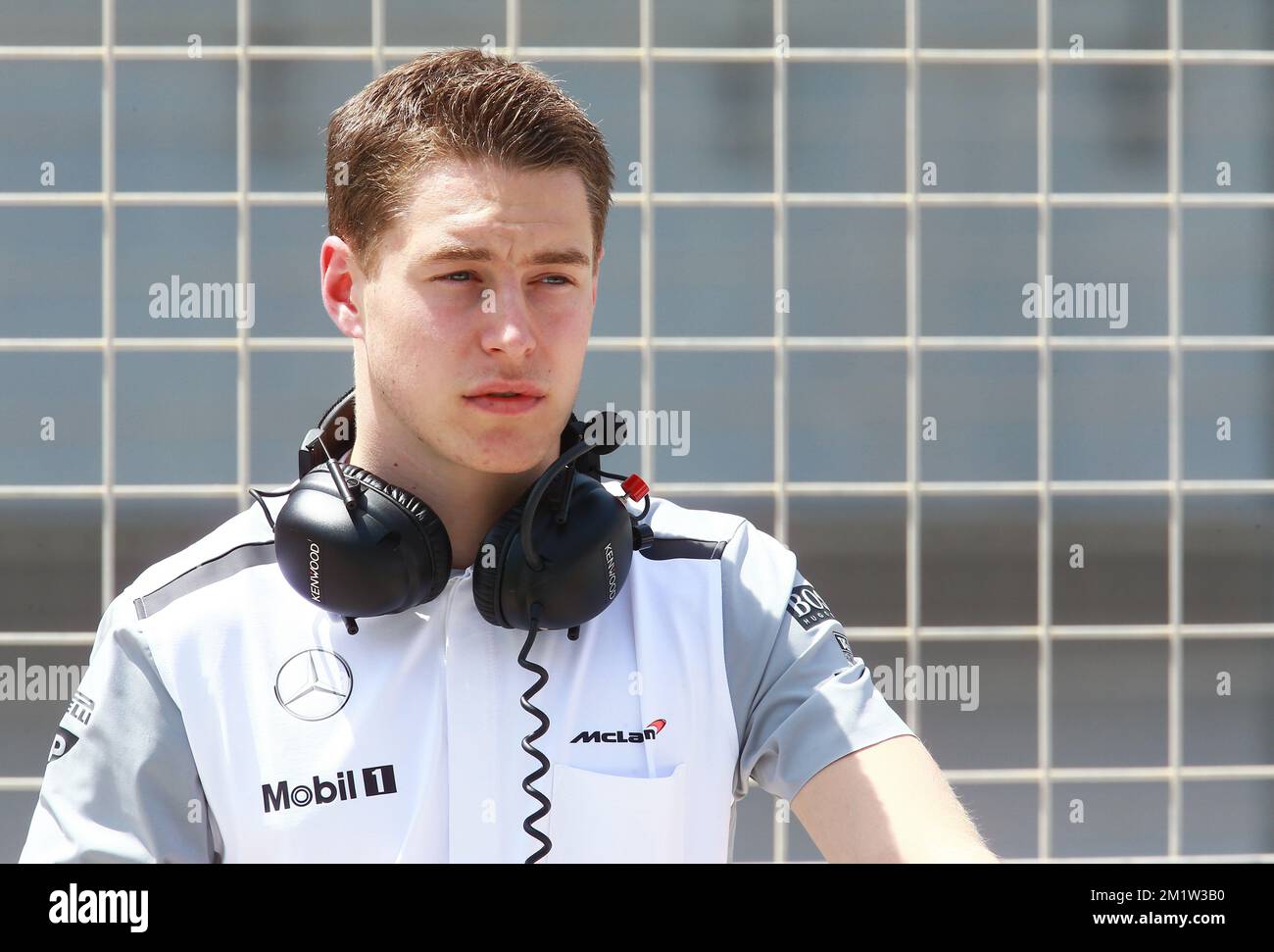 Il belga Stoffel Vandoorne ha illustrato la seconda giornata delle sessioni di test di Formula 1 mercoledì 09 aprile 2014 a Sakhir, Bahrain. Il driver belga Stoffel Vandoorne avrebbe dovuto testare per la McLaren ma il danese Kevin Magnussen guiderebbe invece. Foto Stock