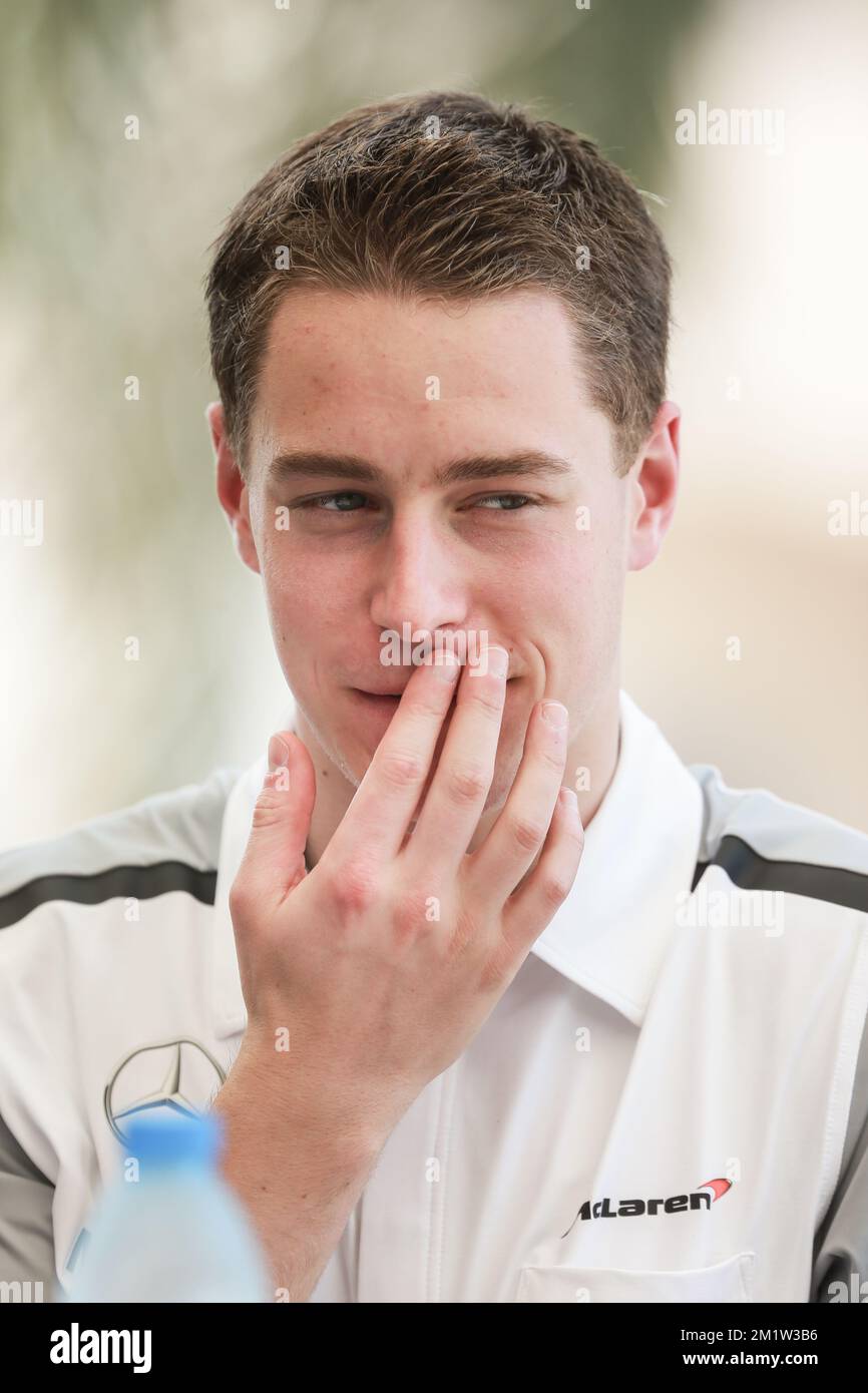 Il belga Stoffel Vandoorne ha illustrato nella prima giornata delle sessioni di test di Formula 1 di martedì 08 aprile 2014 a Sakhir, Bahrain. Il driver belga Stoffel Vandoorne si è supposto di testare per la McLaren domani, ma il danese Kevin Magnussen guiderà invece. Foto Stock