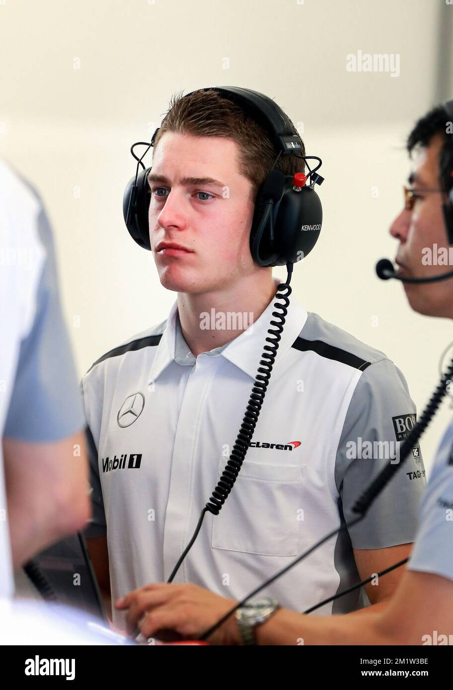 Il belga Stoffel Vandoorne ha illustrato nella prima giornata delle sessioni di test di Formula 1 di martedì 08 aprile 2014 a Sakhir, Bahrain. Il driver belga Stoffel Vandoorne si è supposto di testare per la McLaren domani, ma il danese Kevin Magnussen guiderà invece. Foto Stock