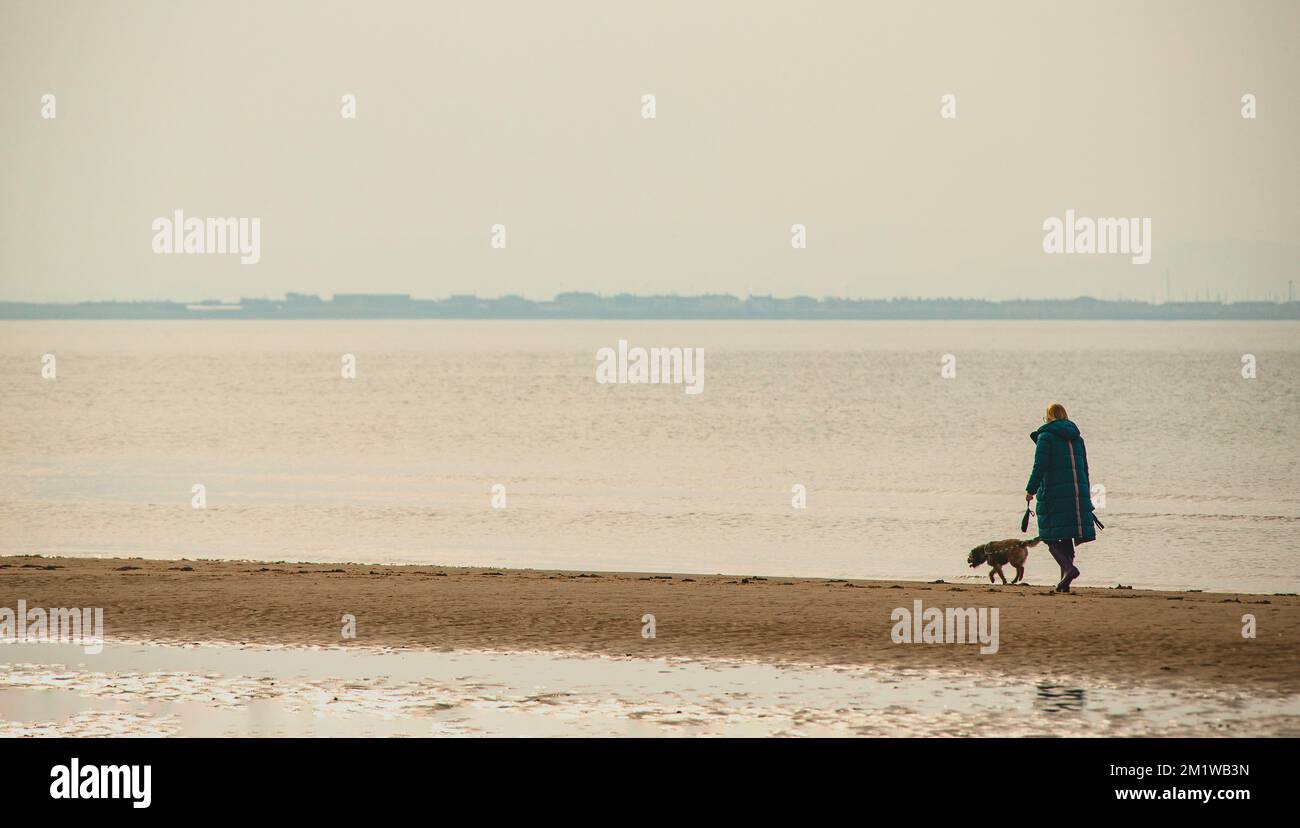 Donna e cane camminano sulla spiaggia di Irvine. Foto Stock