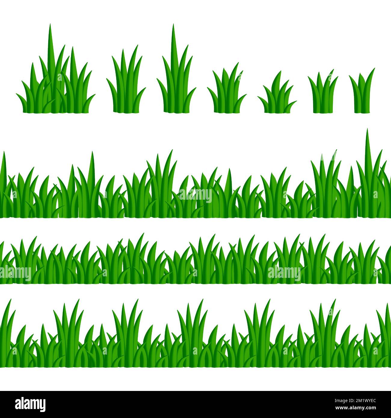 Set di grappoli, cespugli, bordi senza cuciture di erba verde su sfondo bianco. Cartoon verde erba e bordi di erbe. Illustrazione vettoriale. Illustrazione Vettoriale