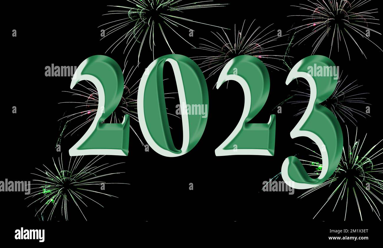 2023 in grandi numeri verdi contro un cielo notturno con fuochi d'artificio verdi festosi per l'invito di Capodanno, banner, copertina, sfondo, poster. Foto Stock
